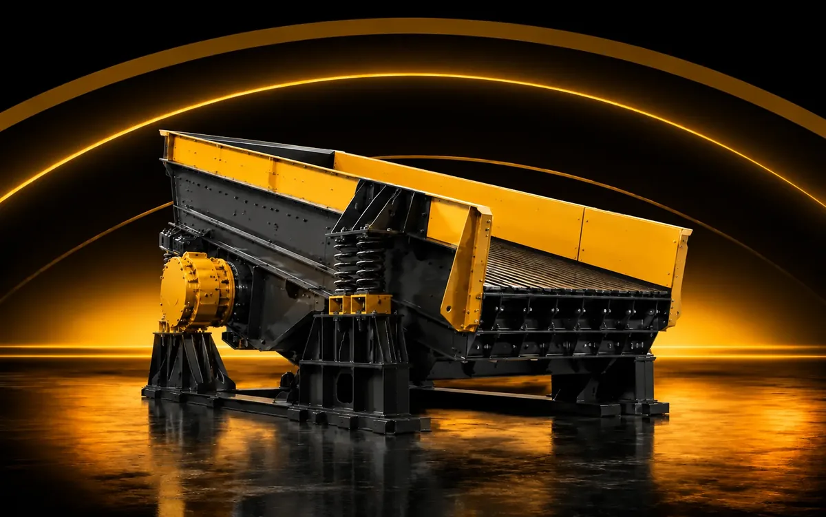 Alimentador vibratório industrial com calha, molas e sistema de acionamento