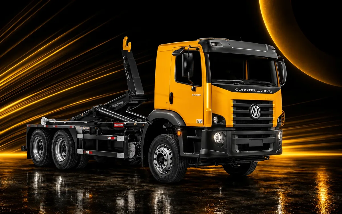 Caminhão equipado com sistema hidráulico roll-on/roll-off para movimentação de contêineres
