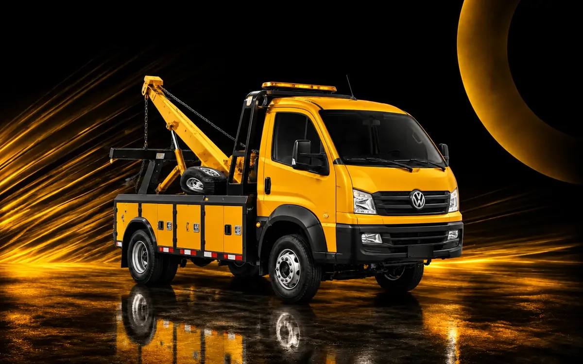 Caminhão equipado com estrutura de guincho tipo canarinho e plataforma traseira