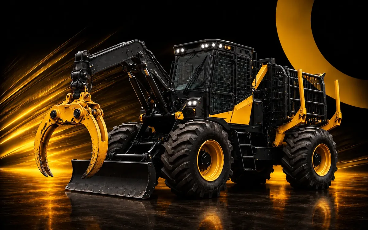 Skidder florestal vermelho equipado com garra e lâmina dianteira