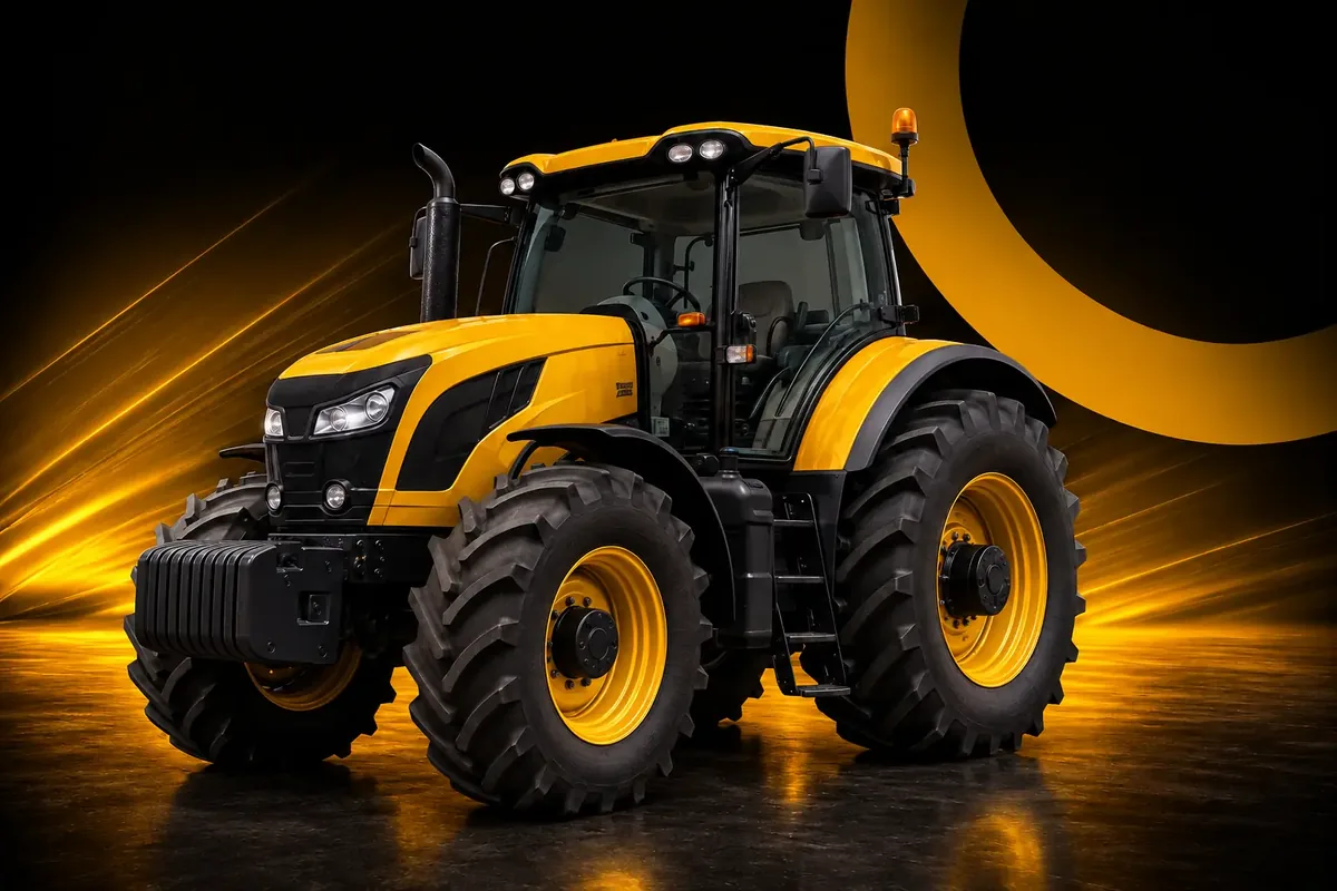 Trator agrícola vermelho com cabine fechada e pneus de grande porte